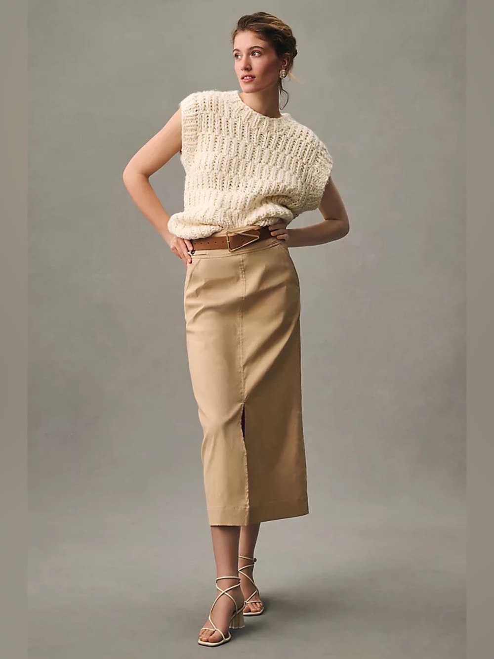 Anthropologie Slim Column Maxi Skirt Tan Linen Blend Front Slit Pockets Size 4